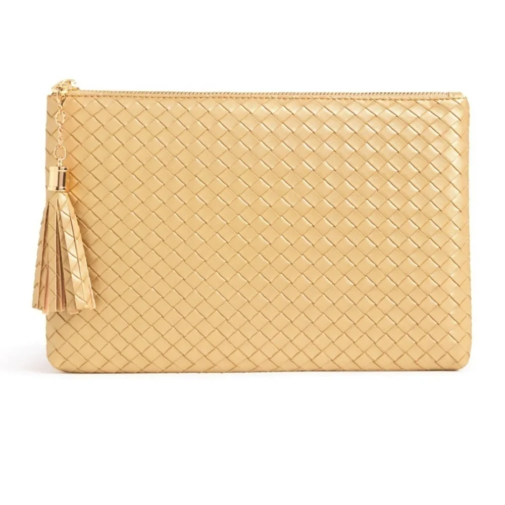 Virginia Wolf Mimi Vegan Leather Woven Metallic Pouch with Tassel in Gold